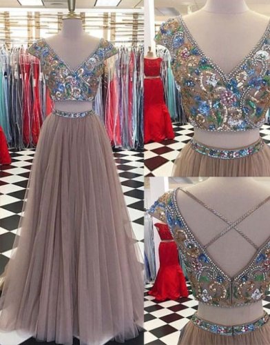 Two Piece V-Neck Cap Sleeves Grey Tulle Prom Dress with Beading Sequins