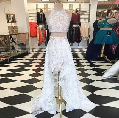 Two Piece High Low Jewel White Lace Prom Homecoming Dress
