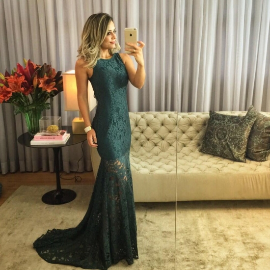 Mermaid Style Jewel Backless Sweep Train Dark Green Lace Prom Dress - Click Image to Close