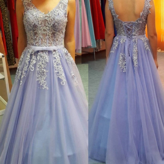 A-Line V-Neck Blue Tulle Lace-up Prom Dress with Sash Appliques Beading - Click Image to Close