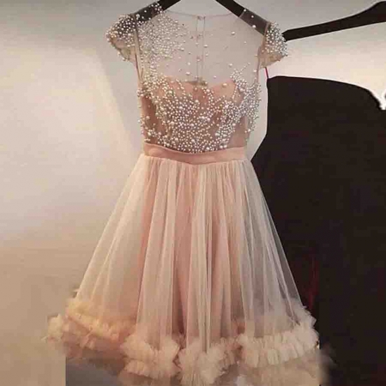 A-Line Jewel Short Champagne Tulle Homecoming Dress with Pearls - Click Image to Close