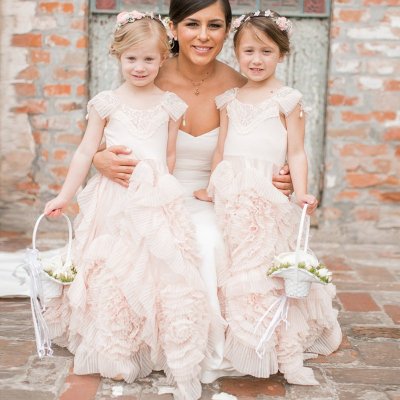 A-Line Round Neck Floor-Length Pearl Pink Tulle Flower Girl Dress with Lace