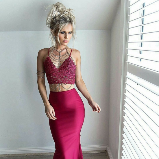 Two Piece Mermaid Spaghetti Straps Maroon/Lavender Stretch Satin Prom Dress with Lace - Click Image to Close