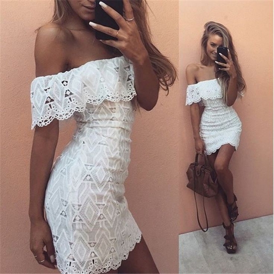 Tight Strapless Short White Lace Homecoming Cocktail Dress with Ruffles - Click Image to Close