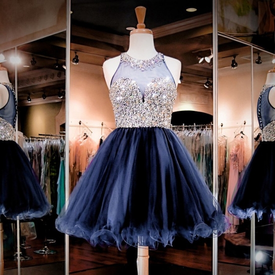 A-Line Round Neck Dark Blue Short Tulle Homecoming Dress with Beading - Click Image to Close