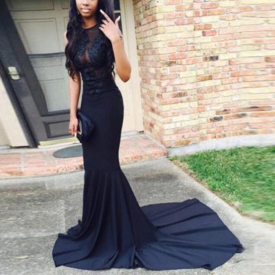 Mermaid Round Neck Court Train Navy Blue Open Back Prom Dress with Appliques