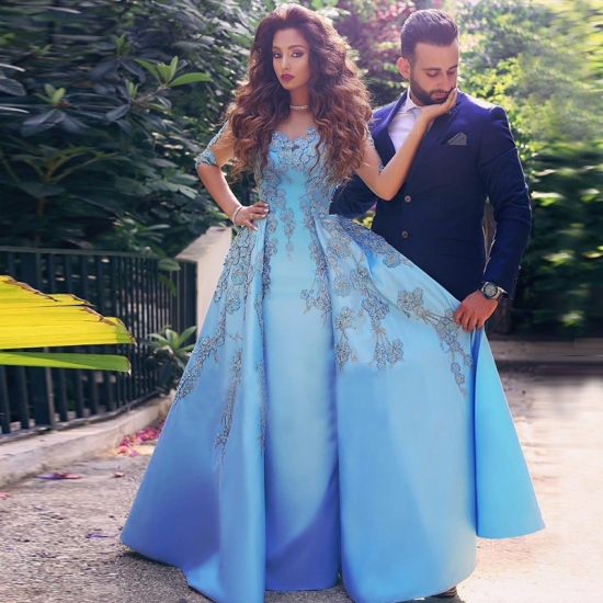 A-Line Illusion Jewel Half Sleeves Blue Satin Prom Dress with Beading Appliques - Click Image to Close