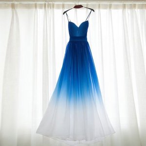 A-Line Spaghetti Straps Backless Long Ombre Blue Bridesmaid Dress