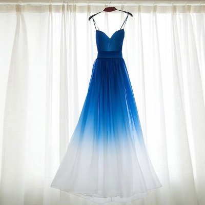 A-Line Spaghetti Straps Backless Long Ombre Blue Bridesmaid Dress