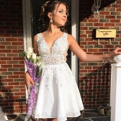 A-Line V-Neck Short White Lace Homecoming Dress with Appliques