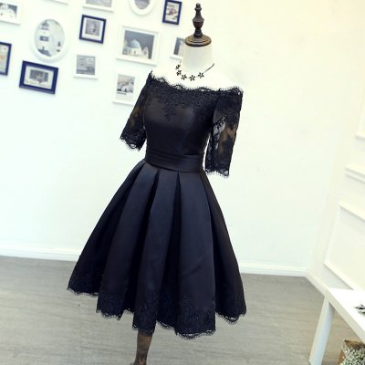 A-Line Off-the-Shoulder Half Sleeves Pleated Homecoming Dress with Lace