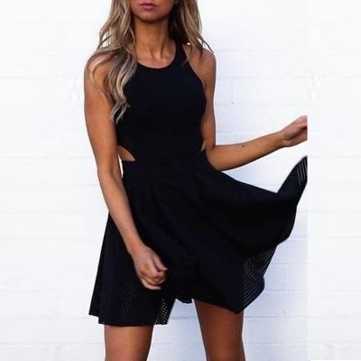 A-Line Jewel Cut Out Elastic Satin Little Black Dress with Lace