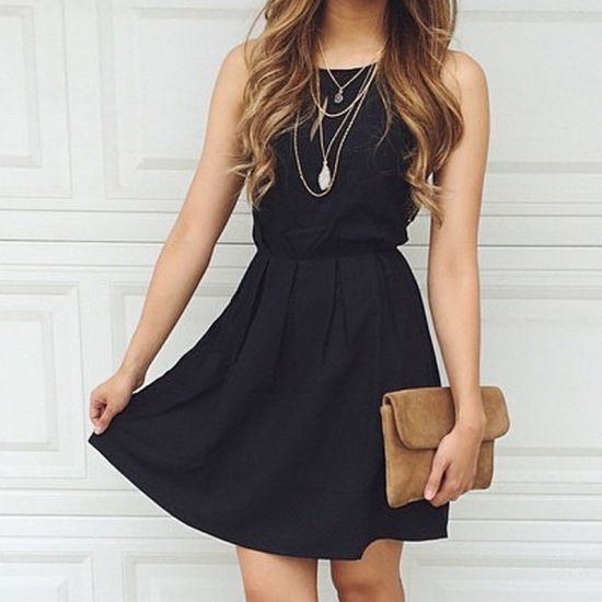 A-Line Bateau Pleated Polyester Little Black Dress - Click Image to Close