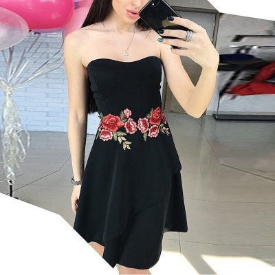 A-Line Strapless Elastic Satin Little Black Dress with Appliques