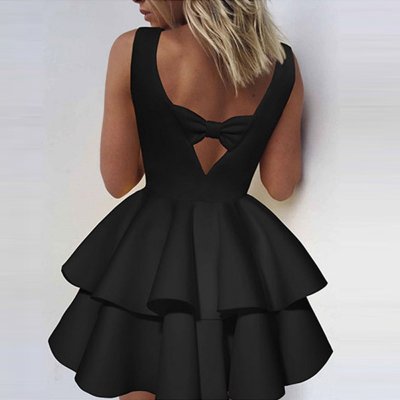 Ball Gown Scoop Tiered Little Black Dress with Bowknot