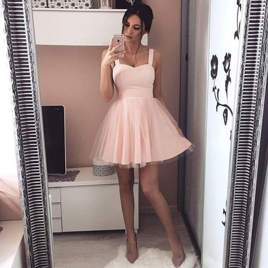 A-Line Square Short Pearl Pink Tulle Homecoming Dress - Click Image to Close