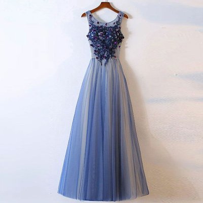 A-Line Scoop Floor-Length Blue Tulle Prom Dress with Appliques