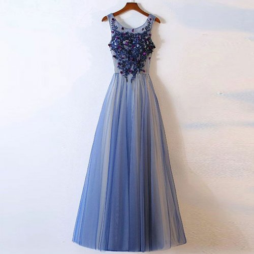A-Line Scoop Floor-Length Blue Tulle Prom Dress with Appliques