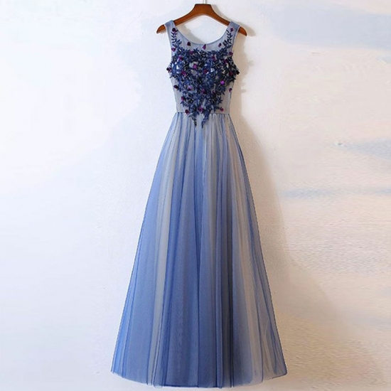 A-Line Scoop Floor-Length Blue Tulle Prom Dress with Appliques - Click Image to Close