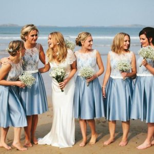 A-Line Bateau Sleeveless Short Blue Satin Bridesmaid Dress with Lace