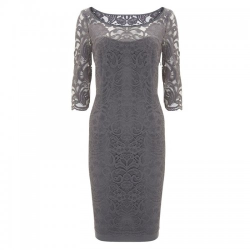 Sheath Bateau Half Sleeves Grey Lace Mother of The Bride Dress