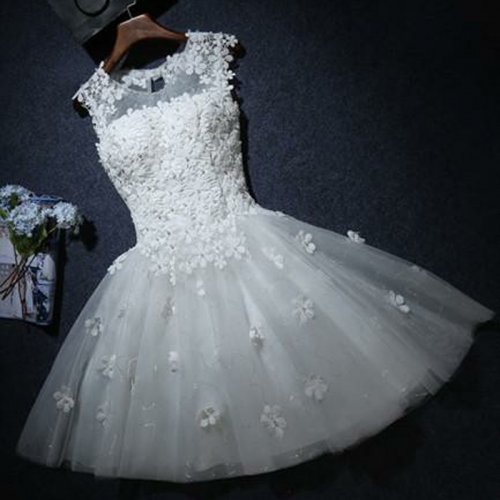 A-Line Scoop Open Back Short White Homecoming Dress with Appliques Beading