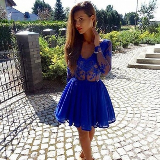 A-Line V-Neck Long Sleeves Short Royal Blue Homecoming Dress with Appliques - Click Image to Close