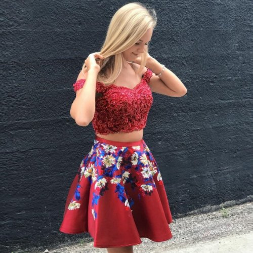 Two Piece Off-the-Shoulder Short Burgundy Floral Satin Homecoming Dress