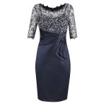 Sheath Bateau Half Sleeves Navy Blue Mother of The Bride Dress with Lace Beading