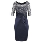 Sheath Bateau Half Sleeves Navy Blue Mother of The Bride Dress with Lace Beading