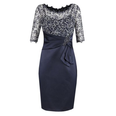 Sheath Bateau Half Sleeves Navy Blue Mother of The Bride Dress with Lace Beading