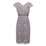 Sheth V-Neck Cap Sleeves Short Grey Lace Mother of The Bride Dress with Sash
