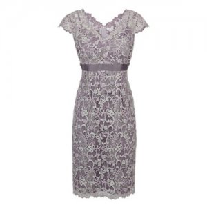 Sheth V-Neck Cap Sleeves Short Grey Lace Mother of The Bride Dress with Sash