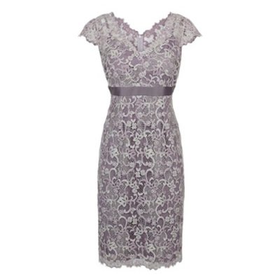 Sheth V-Neck Cap Sleeves Short Grey Lace Mother of The Bride Dress with Sash