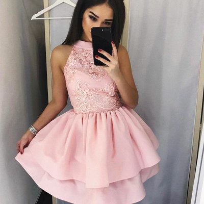 A-Line Round Neck Short Tiered Pink Satin Homecoming Dress with Lace
