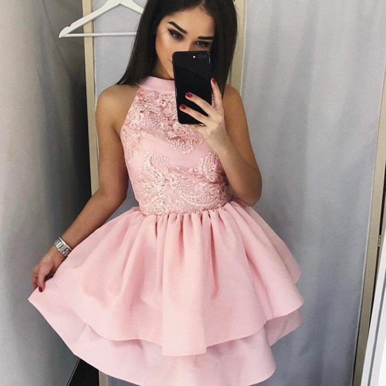 A-Line Round Neck Short Tiered Pink Satin Homecoming Dress with Lace - Click Image to Close