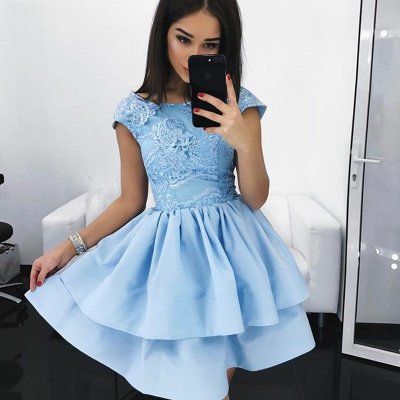 A-Line Bateau Cap Sleeves Light Sky Blue Satin Homecoming Dress with Lace