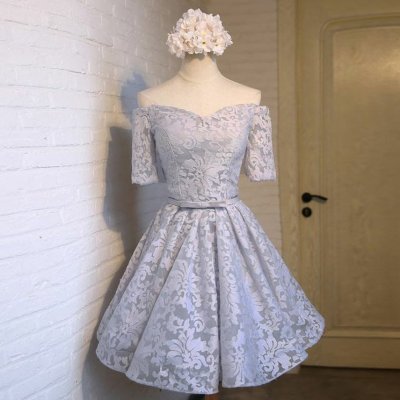 A-Line Off-the-Shoulder Light Gray Lace Homecoming Dress with Sash