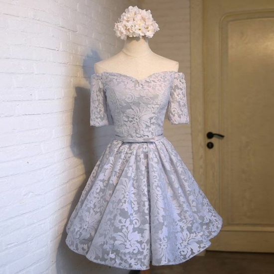 A-Line Off-the-Shoulder Light Gray Lace Homecoming Dress with Sash - Click Image to Close