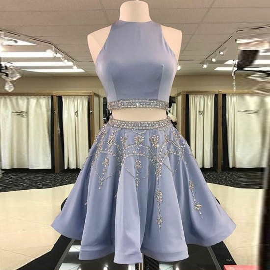 Two Piece Round Neck Open Back Light Sky Blue Homecoming Dress with Beading - Click Image to Close