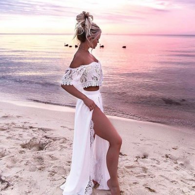 Two Piece Off-the-Shoulder White Chiffon Lace Prom Dress with Ruffles Slit