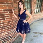 A-Line V-Neck Short Dark Blue Lace Beaded Homecoming Dress