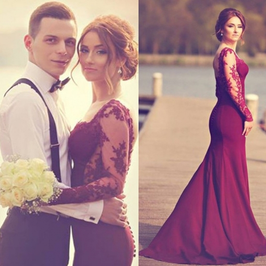 Mermaid Square Long Sleeves Prom Dress with Appliques - Click Image to Close