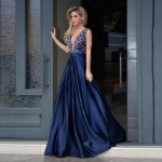 A-Line V-Neck Sweep Train Royal Blue Satin Prom Dress with Beading
