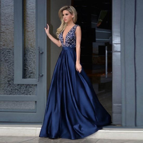 A-Line V-Neck Sweep Train Royal Blue Satin Prom Dress with Beading - Click Image to Close