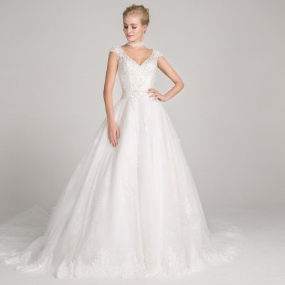 A-Line V-Neck Cap Sleeves Court Train Wedding Dress with Appliques