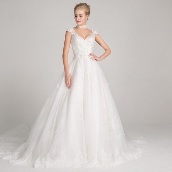 A-Line V-Neck Cap Sleeves Court Train Wedding Dress with Appliques - Click Image to Close