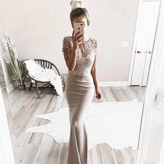 Two Piece Round Neck Short Sleeves Champagne Prom Dress with Lace - Click Image to Close