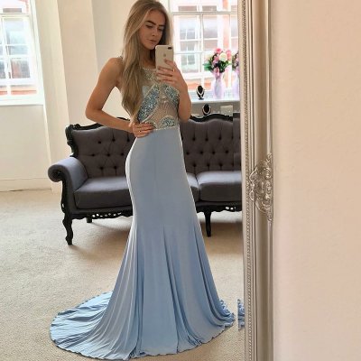 Mermaid Round Neck Open Back Sweep Train Blue Prom Dress with Beading