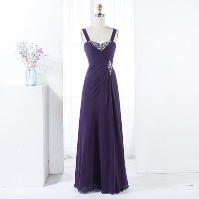 A-Line Straps Floor-Length Grape Chiffon Bridesmaid Dress with Beading